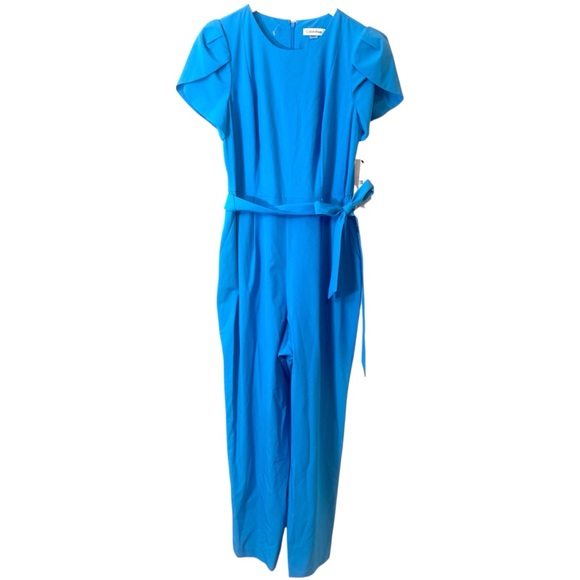 Calvin Klein Pants - Calvin Klein Size 10 Jumpsuit Blue Flutter Split Sleeve Belted NEW
